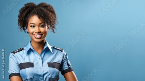 Afro woman in postal officer uniform smile isolated on pastel background