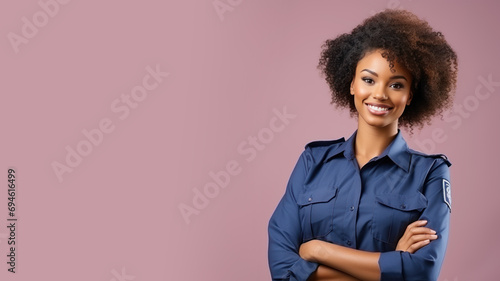 Afro woman in postal officer uniform smile isolated on pastel background