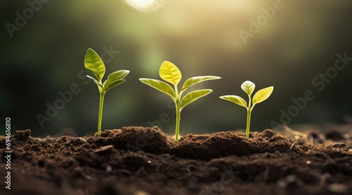 Three young plants sprouting out of the ground. Generative AI.