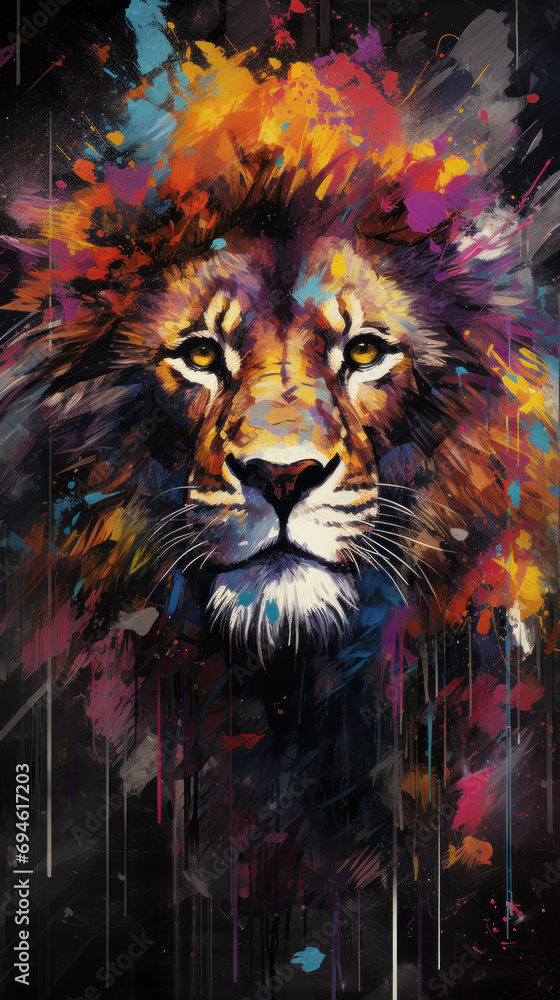 Image of a lion in rainbow colors.