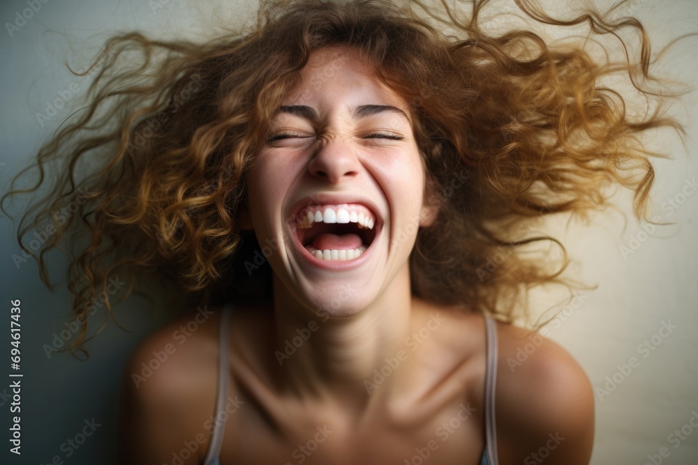 A joyful woman with curly hair laughing. Generative AI. A joyful woman with curly hair laughing. Generative AI.