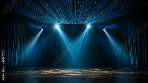 Blue stage curtain with spotlights. scene, stage light with colored spotlights and smoke. Stage on the dark floor with lights on the perimeter. theater stage Art concept..