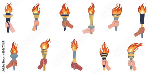Hand holding a torch. Sport symbol, flat vector illustration design. Torch, Flame. Vector isolated burning torches flames in hands.