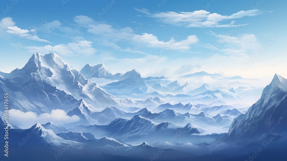 Illustration of Blue snow covered mountain landscape in winter. blurred Background.