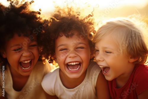 Three joyful children basking in the sunlight, laughing and smiling. Generative AI.