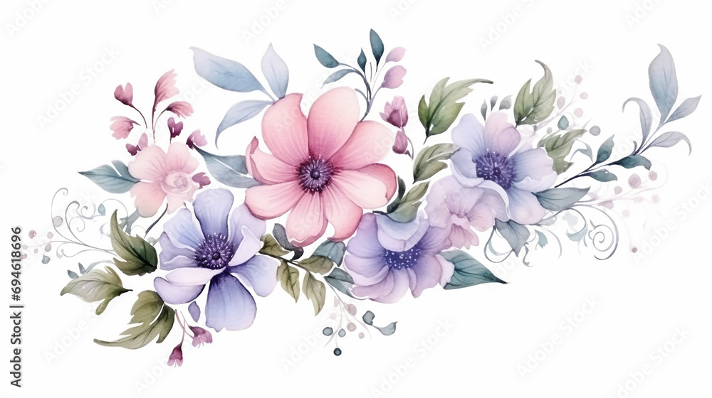 Fototapeta premium Watercolor isolated floral flowers and leaves spring background