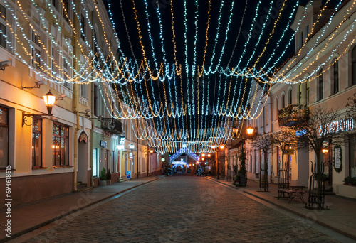View of the main tourist pedestrian street of the historical center of the city Sovetskaya Street in New Year's decoration, Grodno, Belarus