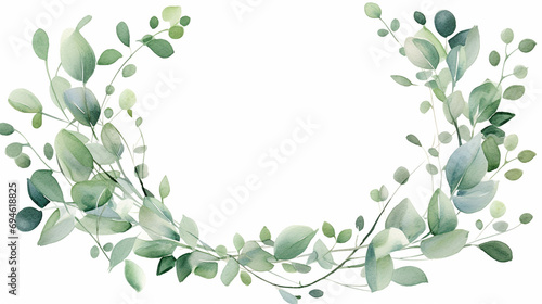 Watercolor modern decorative element. Eucalyptus round Green leaf Wreath, greenery branches, garland, border, frame, elegant watercolor isolated on white background
