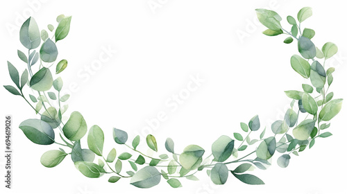 Watercolor modern decorative element. Eucalyptus round Green leaf Wreath, greenery branches, garland, border, frame, elegant watercolor isolated on white background