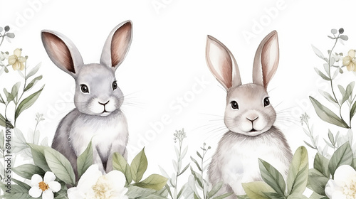 Watercolor seamless pattern with cute white rabbits