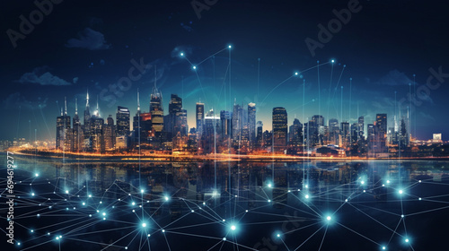Smart city illustration. Technology background. Generative AI © BoszyArtis
