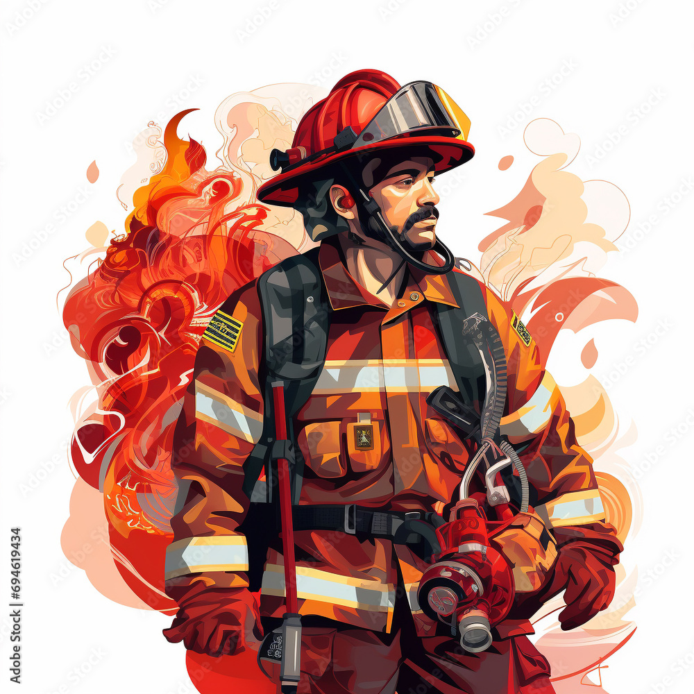 Flat vector illustration, a fireman, white background Flat vector illustration, a fireman, white background