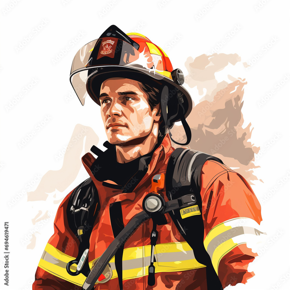 Flat vector illustration, a fireman, white background Flat vector illustration, a fireman, white background
