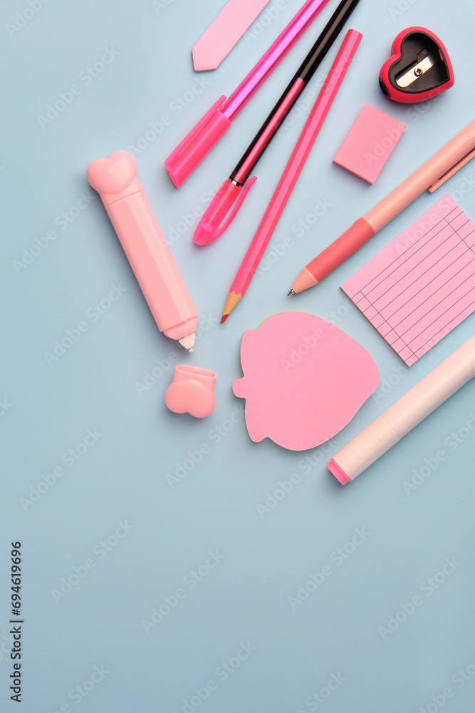 Flat lay composition with sticky note and other school stationery on light blue background, space for text. Back to school Flat lay composition with sticky note and other school stationery on light blue background, space for text. Back to school