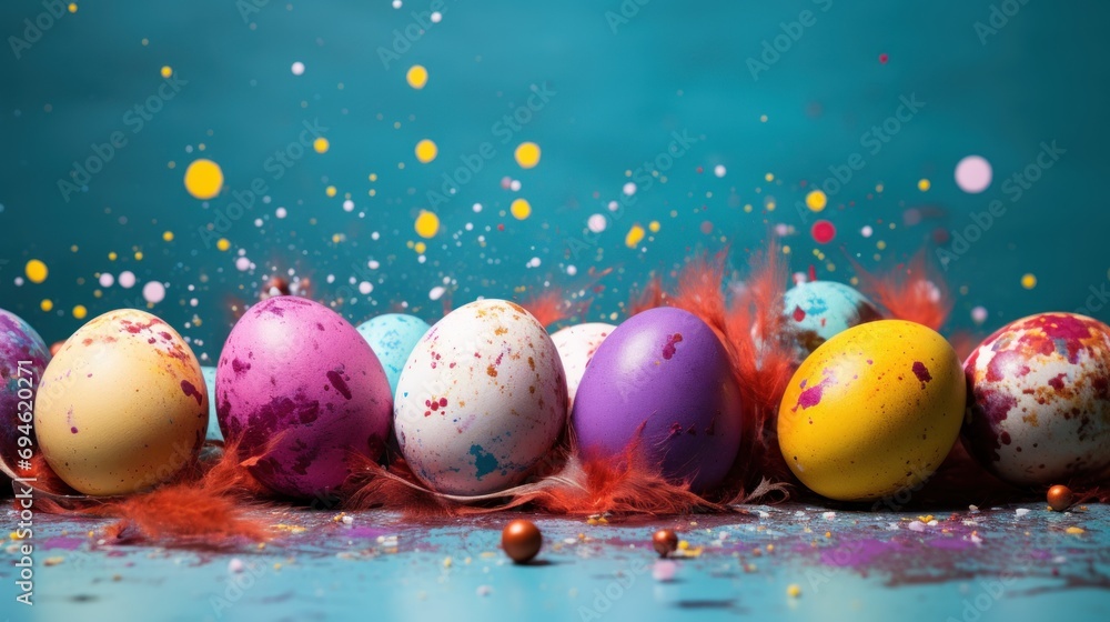 Colorful Easter eggs with paint splatter. Generative AI. Colorful Easter eggs with paint splatter. Generative AI.