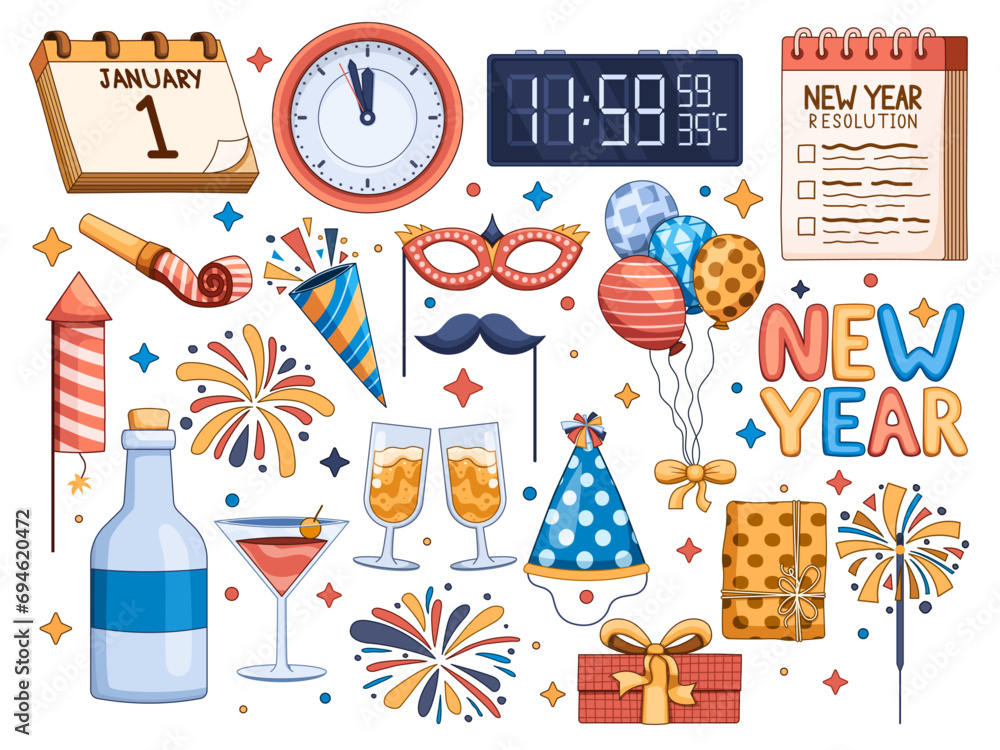 Collection of New Year celebration clipart vector illustrations, featuring festive elements such as fireworks, champagne, balloons, confetti, streamers, clocks, calendars, sparklers, and more. 