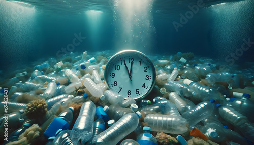 clock set to 10:09, surrounded by a large number of plastic bottles in an underwater setting. The scene highlights the issue of plastic pollution in marine environments photo