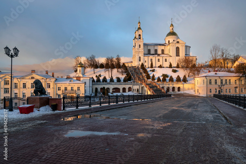 View of the Holy Spirit Monastery and the Holy Dormition Cathedral on the Assumption Mountain on a winter day from Pushkin Street, Vitebsk, Belarus photo