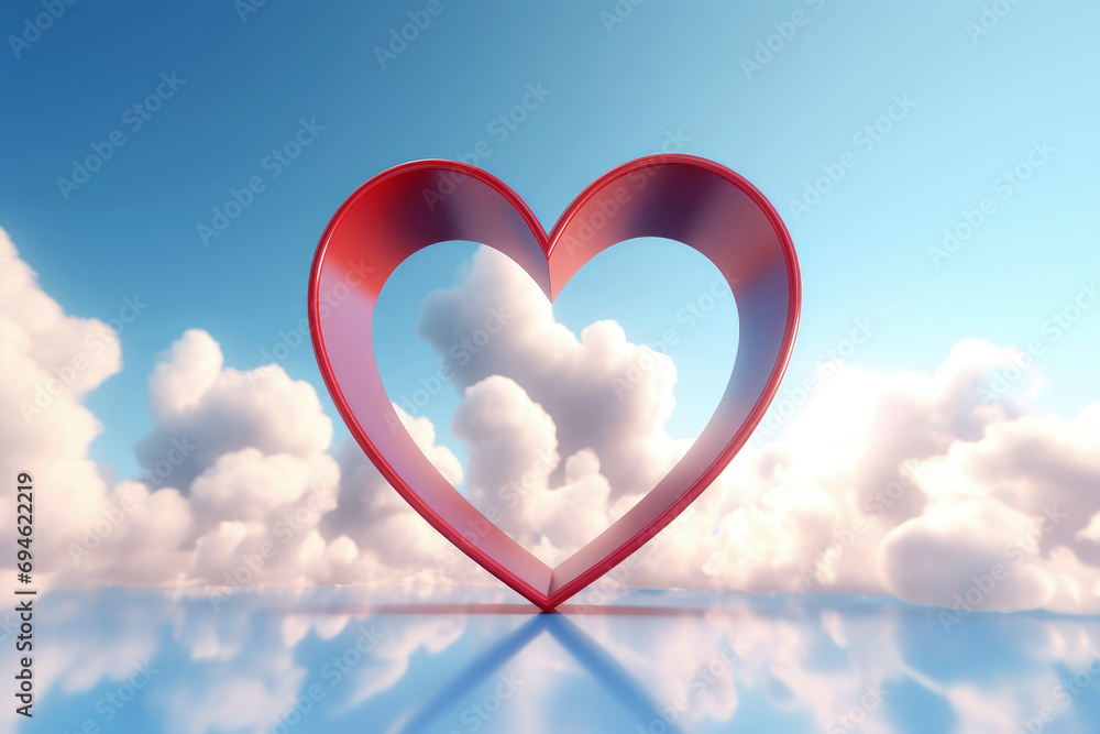 A red heart balloon floats in the blue sky in clouds. .Generative Ai