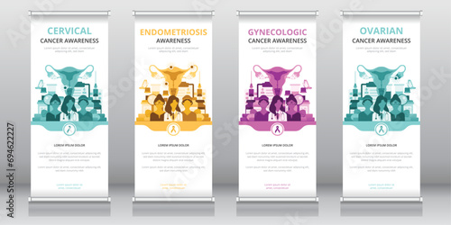 Roll up or retractable banner, standee or X-banner templates ideal for raising awareness of women’s health issues such as cervical or ovarian cancers, endometriosis, or any other gynecologic cancers