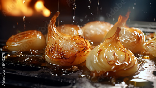 Culinary Excellence Displayed: Sweet Onions Transitioning to a Gourmet Caramelized State, with Glistening Oil on a Fiery Grill. photo