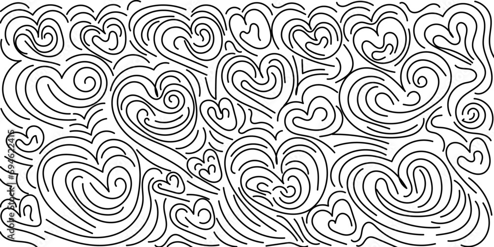 Abstract monochrome hand-drawn doodle black design with chaotic hearts on white background. Editable stroke. Bright vector illustration for cards, business, banners, textile	