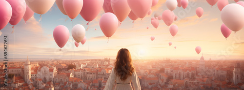 A young girl is looking at pink balloons while watching the sunset, in the style of panorama in the city for banner and advertiser