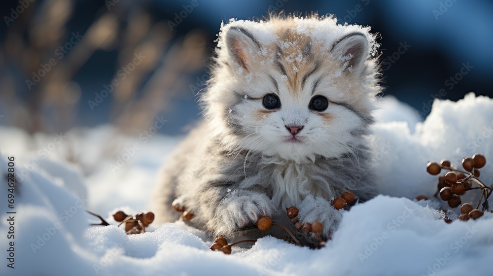 Happy snow cat in the winter landscape. Adorable snow kitten with soft white fur. Frosty feline playing in the snowflakes.