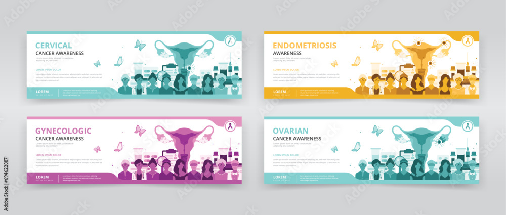 Web banner or header templates ideal for raising awareness of women’s health issues such as cervical or ovarian cancers, endometriosis, or any other gynecologic cancers