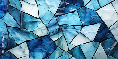 Naklejka Abstract blue mosaic marble tile background. Texture broken glass swirling rock design. Cold stained glass geode formation. 