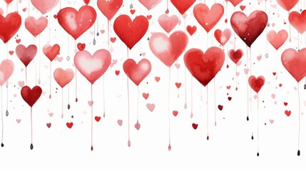 abstract red valentines day hearts raining down isolated on white background. Generative AI