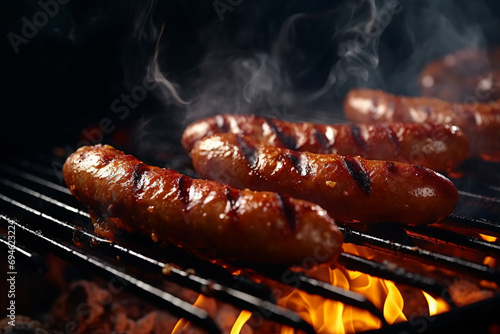 Sausage grilling on grill on a hot