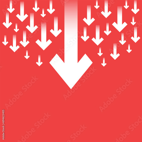 business financial crisis illustration concept money value fall down with a big arrow decrease going down followed by many others little arrows symbol economy recession red backgorund