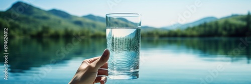 Woman holding a Glass of Water Nature Advertising Background Style - Ecologically Sustainable Water Backdrop created with Generative AI Technology photo