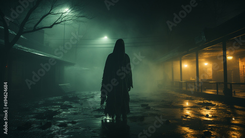 Mysterious witch in a dark foggy night. 3D rendering,Generative AI