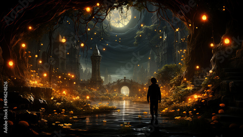 Halloween night scene with silhouette of woman in front of the castle Generative AI