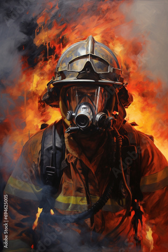 an emotional painting of an American firefighter emerging through the smoke and flames, the fire fighter is wearing a mask --ar 2:3 --v 5.2 Job ID: a9027af5-1ec7-4c46-8cc9-e289fe4a909d