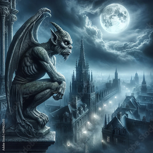 A mythical gargoyle image, depicting a fearsome and detailed gargoyle perched on top of a Gothic cathedral. The gargoyle is made of weathered stone photo