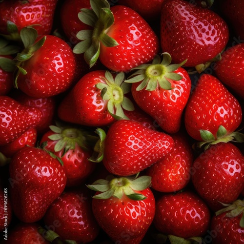 Ripe red organic strawberries background, close-up, top view Generative AI photo