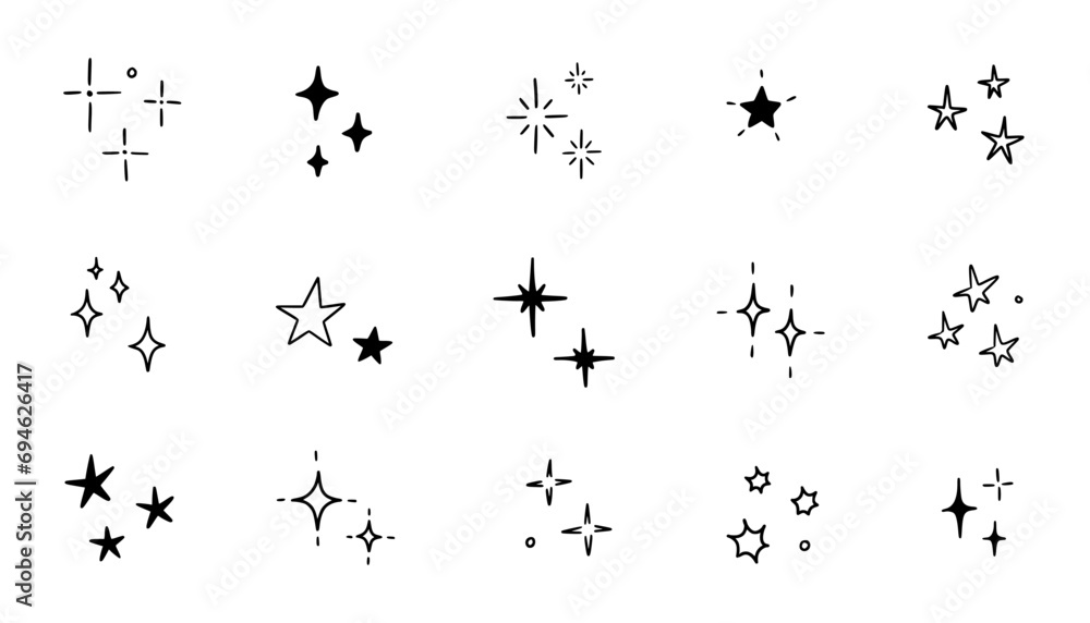 Hand drawn star sparkle shine of doodle set. Star shine twinkle glow, spark glitter, magic party light vector illustration. Hand drawn sketch doodle style line sparkle elements - obrazy, fototapety, plakaty 