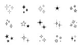 Hand drawn star sparkle shine of doodle set. Star shine twinkle glow, spark glitter, magic party light vector illustration. Hand drawn sketch doodle style line sparkle elements