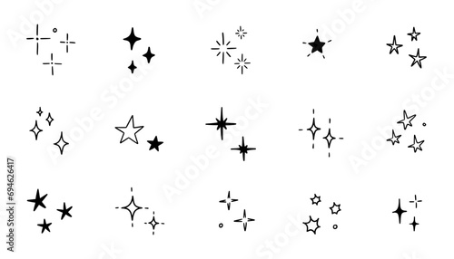 Hand drawn star sparkle shine of doodle set. Star shine twinkle glow, spark glitter, magic party light vector illustration. Hand drawn sketch doodle style line sparkle elements photo