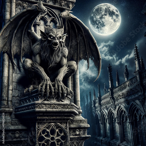 gargoyle perched atop an ancient, weathered stone tower under a full moon night. The gargoyle is detailed with intricate, Gothic-style photo