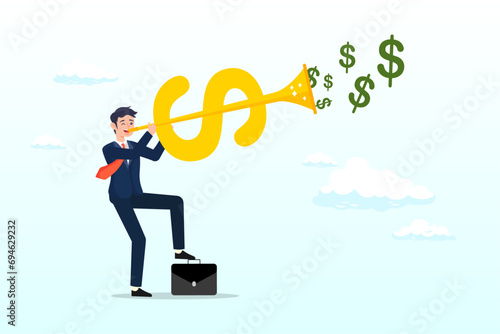 Businessman investor blow dollar money horn, investment opportunity, making money, profit or earning, FED central bank signal interest rate policy, financial stock market buy and sell signal (Vector) © Art of Ngu