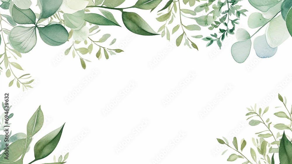 wedding invitation card with green leaves watercolor background