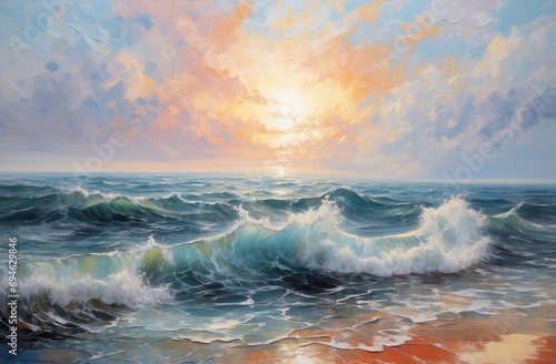 Digital artwork, landscape oil painting, splashing waves, sun and clouds. Can be used as background or wallpaper. 