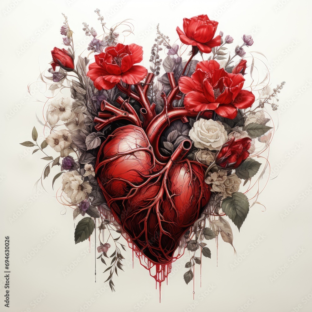 anatomical black heart with roses on white background - obrazy, fototapety, plakaty 