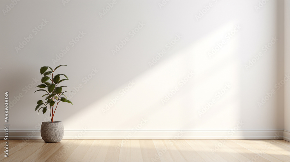 Mockup of an empty room with a white wall, wooden floor, and sunlight streaming in, providing a blank canvas for your design ideas. Generative AI. Mockup of an empty room with a white wall, wooden floor, and sunlight streaming in, providing a blank canvas for your design ideas. Generative AI.