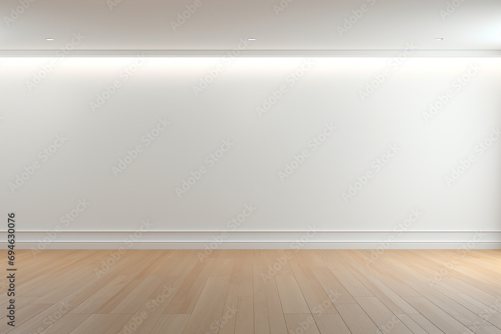 In this 3D rendering, experience a minimalist interior with wood laminate floors and natural sunlight casting artistic wall shadows. Ideal for design presentations. Generative AI. - obrazy, fototapety, plakaty 
