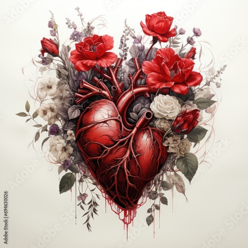 anatomical black heart with roses on white background photo